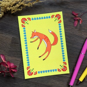 Happy Fox Postcard Dancing Fox Folk Art Illustration Woodland Animals Stationary Snail Mail Pen Pal