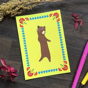 Heureux ours carte postale danse ours Folk Art Illustration animaux de la forêt escargot stationnaire Mail Pen Pal