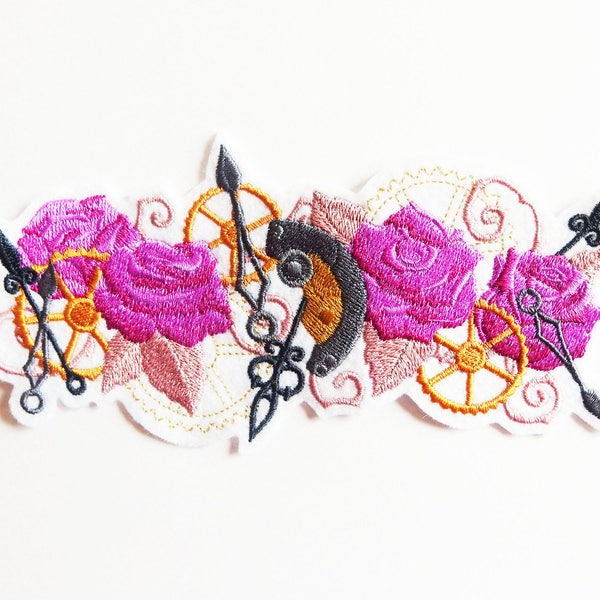 Appliqué écusson patch broderie thermocollant roses steampunk