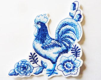 Blue rooster, embroidery badge iron-on patch