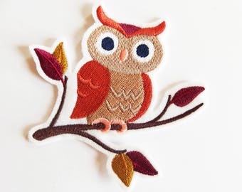 Appliqué écusson broderie patch thermocollant chouette, hibou marron