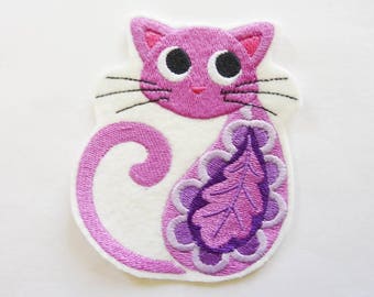 Ecusson broderie patch thermocollant chat mauve