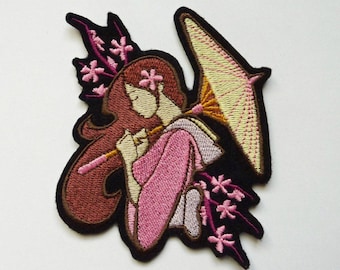 Ecusson patch broderie thermocollant femme japonaise et son ombrelle