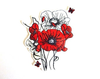 Coquelicots, écusson, patch thermocollant, broderie thermocollante