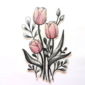 Machine embroidered bouquet of pink tulips
