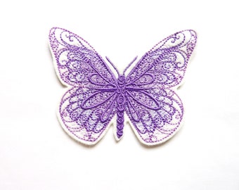 Appliqued iron-on embroidery patch purple butterfly