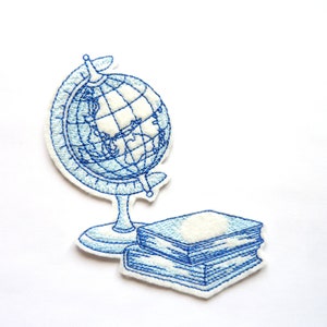 World map and books 2 different colors iron-on embroidery patch badge Blue