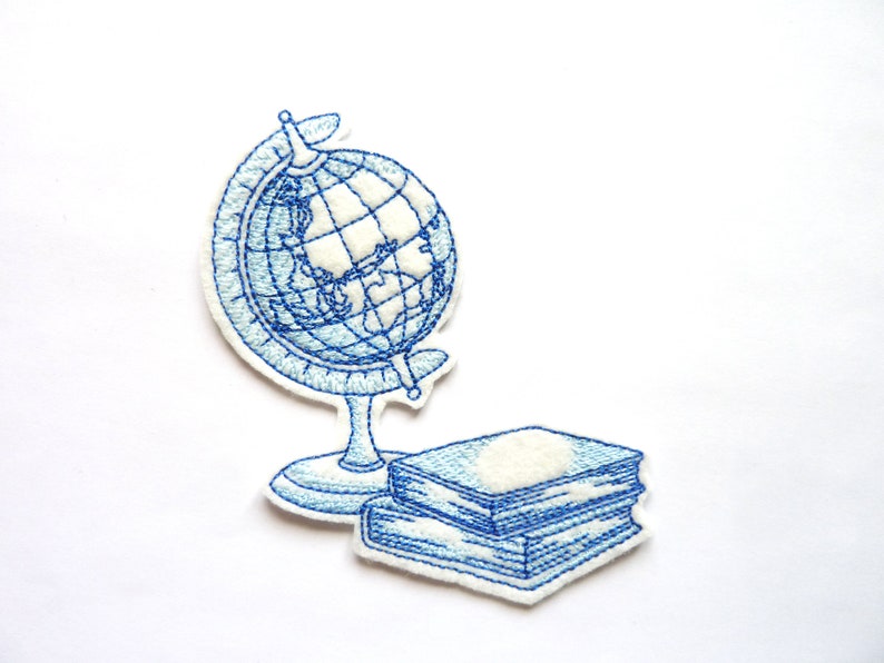 World map and books 2 different colors iron-on embroidery patch badge Blue