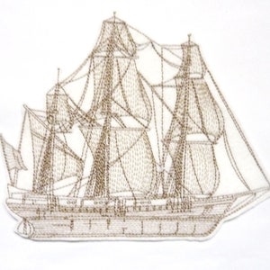 May include: An embroidered image of a sailing ship with multiple sails and a detailed hull, in brown thread.