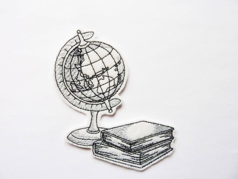 World map and books 2 different colors iron-on embroidery patch badge Black