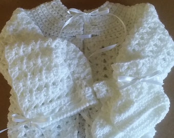 Crocheted Sweater Set, Baby Sweater Set, White Baby Sweater, Unisex Baby Sweater, Baby Shower Gift, Christening Gift, Ready To Ship, Sweater