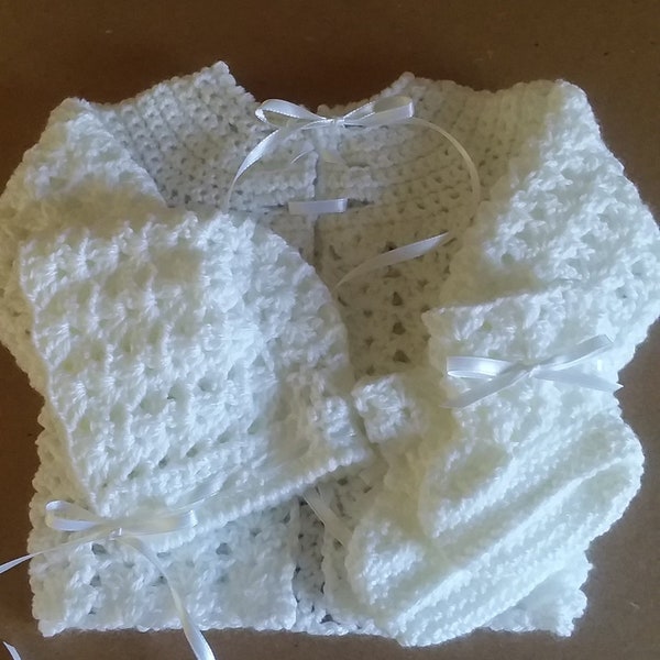 Crocheted Sweater Set, Baby Sweater Set, White Baby Sweater, Unisex Baby Sweater, Baby Shower Gift, Christening Gift, Ready To Ship, Sweater
