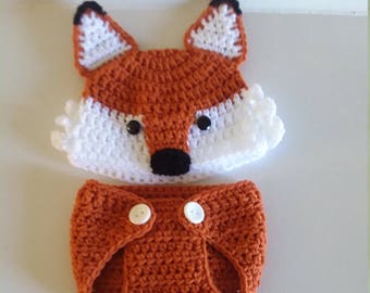 Crocheted Fox Diaper Cover Set, Fox Diaper Cover, Fox Photo Prop, Infant, Baby Shower Gift, Halloween Costume, Baby Fox Hat