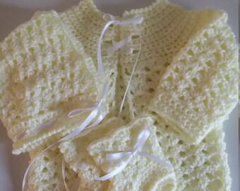 Crocheted Yellow Sweater Set, Sweater Set, Baby Sweater, Baby Shower Gift, Ready To Ship, Infant Sweater, Newborn Sweater, Baby Booties,