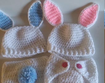 Crocheted Bunny Diaper Cover Set, Crocheted Bunny Hat, Easter Bunny Outfit, Ready To Ship, Bunny Photo Prop, Baby Shower Gift, Rabbit Hat