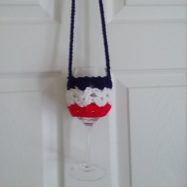 Crocheted Wine Lanyard, Wine Glass Holder, Ready To Ship, Red White & Blue Decor, Wine Yoke, Wine Necklace, 4th of July Decor, Lanyard