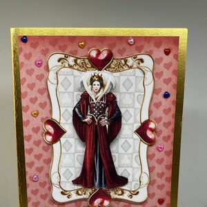 L-39 Tarjeta de felicitación de la Reina de corazones de Alicia en el País de las Maravillas. Decoupaged.valentines. Corazones rojos