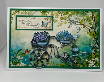 Decoupaged vintage blue bicycle with flowers . Bike card. Birthday card. Thank you card.  Get well card  Anniversary. Grandmother. Mother.