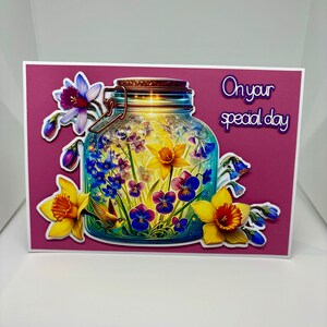 Zauberhaftes Krug mit Blumen Karte. Frühlingsblumen. 3D Karte. Decoupage Karte. Handgemachte Karten. auf Ihrer besonderen Tageskarte. Tochter Karte. Mutterkarte