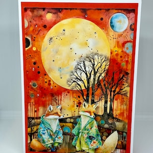 Tarjeta de felicitación del señor y la señora fox. Montado en una hermosa tarjeta con imagen de escena nocturna iluminada por la luna. Cualquier ocasión. Mamá. Madre. Padre. Papá. Hijo.