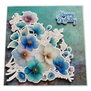 biglietto di compleanno per amici. biglietto bbf. biglietto bouquet di fiori. fiori blu. biglietto speciale amico. biglietto 3d. biglietto fiori decoupage. biglietto scintillante