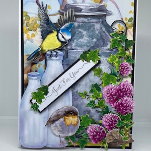 L-29 Carte de voeux avec fleurs sauvages. Baratte à lait. Bouteilles de lait. Oiseaux sauvages découpés sur carte panoramique. Carte fleurie