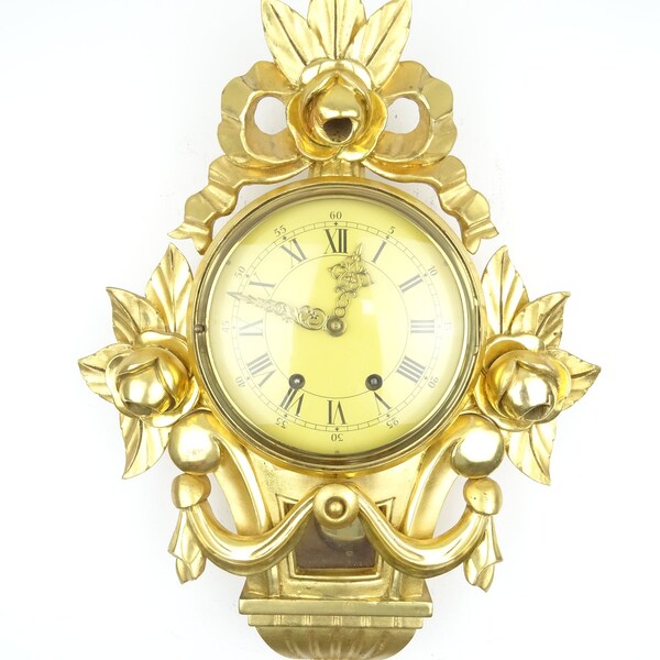 vintage Wall Clock Swedish Design Cartel Gustavian Mid Century Antique Gilt Wall Pendule 8 jours (Westerstrand Mora Junghans Kienze era)