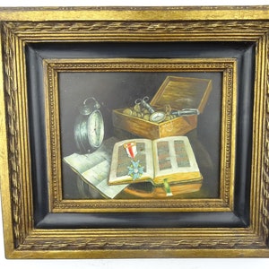 Vintage Ölgemälde Roc Bros Carvers Vintage Öl auf Leinwand Gemälde Vintage Kunstwerk Originale Ölgemälde Gerahmte Medaille Stilleben Gemälde