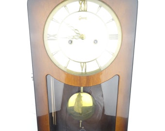 Vintage Mid Century Wall Clock GEWES Junghans Alto Brillo Holandés Retro Diseño Antiguo Péndulo de 8 días (era Kienzle Mauthe Hermle)