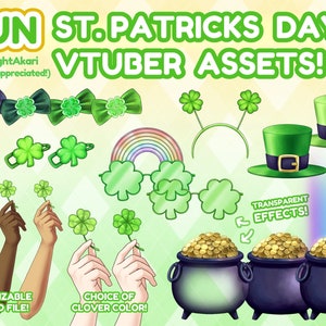 May include: A set of St. Patrick's Day themed digital assets for VTubers, including a rainbow, shamrocks, a pot of gold, a leprechaun hat, and a bow tie. The assets are customizable and come in a layered file.