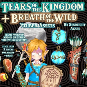 May include: A set of digital assets for virtual YouTubers featuring characters and items from the video games "Tears of the Kingdom" and "Breath of the Wild". The assets include a variety of weapons, shields, and other items, such as a bow and arrow, a shield with a Hylian crest, and a variety of elemental arrows. The assets are designed to be used in virtual reality and augmented reality applications.