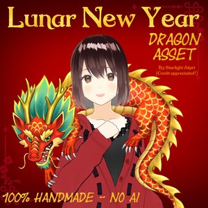 Puede incluir: Una ilustración digital de una joven con cabello castaño que lleva un suéter rojo y un dragón rojo y dorado en el hombro. El fondo es rojo con texto dorado que dice "Año Nuevo Lunar", "Dragon Asset", "By Starlight Akari", y "(¡Crédito apreciado!)". El texto en la parte inferior dice "100% HECHO A MANO - NO AI".
