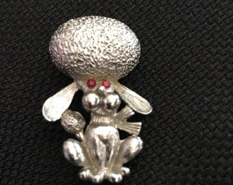 Vintage Silver Tone Textured French Poodle Pin Brooch.