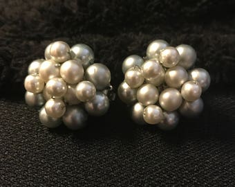 Japan Silver Faux Pearls Cluster Clip On Earrings 1950's