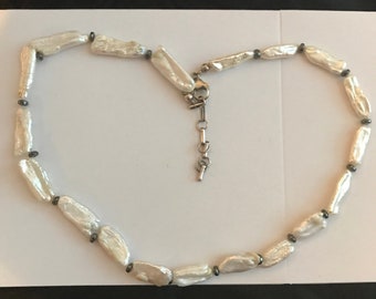 Vintage Biwa Pearl W/Hematite Spacer Choker Necklaces-Sterling Silver Freshwater Pearl Necklaces