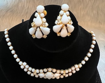 Vintage White Milk Glass With Rhinestone Clip On Earrings & Choker Necklace Set 50’s