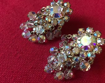 Vintage AB Crystal Cascading Gold Tone Clip Earring-Cluster Crystal AB Cored Waterfall Clip On Earring 1960's