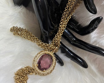 Avon Amethyst Glass Pendant Gold Tone Tassel Chain Necklaces