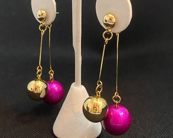 Vintage Gold Tone Double Ball Dangle Earrings -Three Color