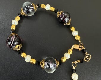 Vintage Art Glass Beaded Bracelet with Pearls and Black Crystal Accents, 7.5” Handmade Jewelry