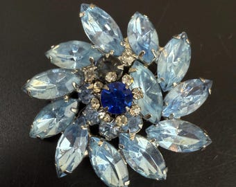 Vintage Juliana DeLizza & Elster Blue Rhinestone Flower Brooch, Silver Tone Layered Burst