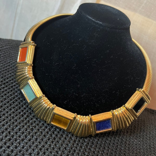 Vintage Alexis Kirk Choker Necklace Designer Signed Jewelry Gold Semi Precious Stone Collar Necklace 1980’s