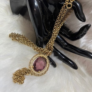 Avon Amethyst Glass Pendant Gold Tone Tassel Chain Necklaces
