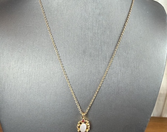 Vintage Gold Tone Necklace Opal Ruby Accent Pendant 18”