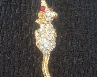 Vintage Gold Tone Rhinestone  Mouse Lapel Pin "Tie Tack "BALLOU REG'D.