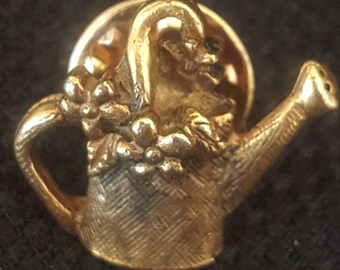 Watering Can Tie Tack Lapel Pin, Textured Gold Tone.