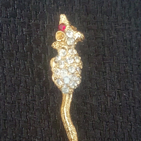 Vintage Gold Tone Rhinestone  Mouse Lapel Pin "Tie Tack "BALLOU REG'D.
