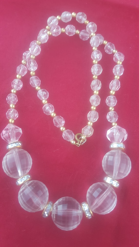 Pink Faceted Lucite Graduated Beaded Gold Tone Sp… - image 3