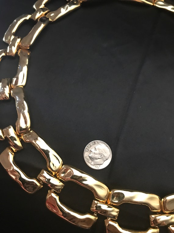 Vintage Hammered Square Link Necklace-Bold Gold T… - image 4
