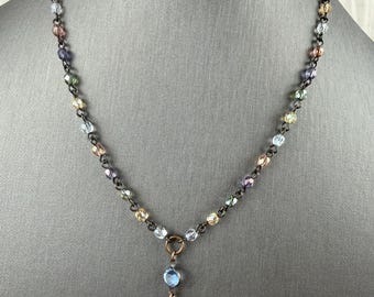 Vintage Multicolor Crystal Beaded Necklace Bronze-Tone Hook Clasp 17.5”